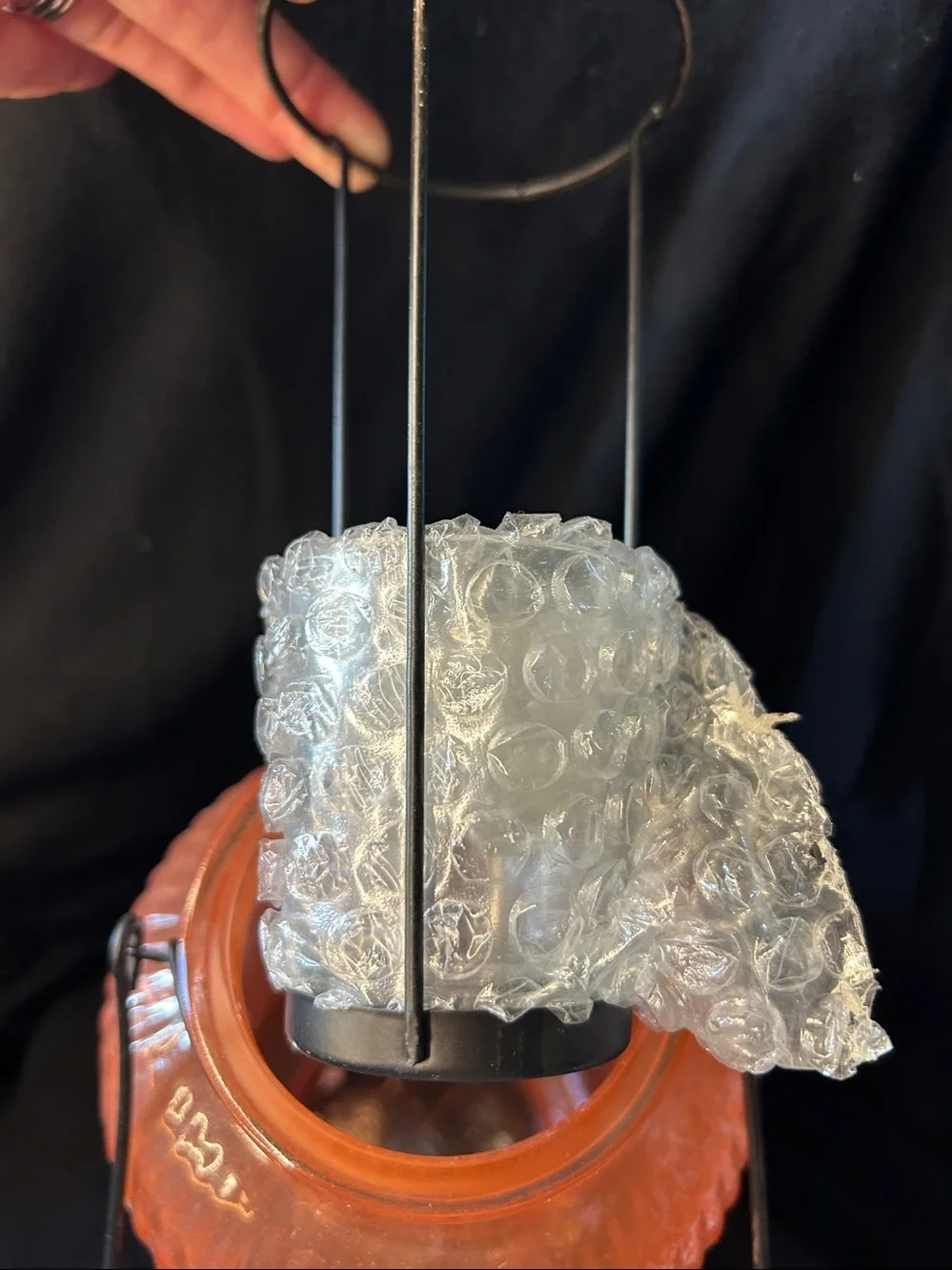 Orange Textured Glass Lantern with Metal Handle - Decorative Accent